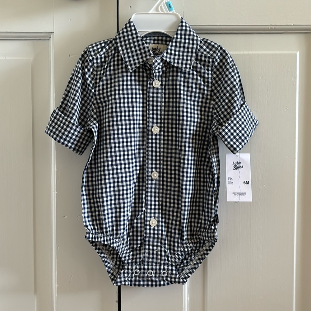Baby B’Gosh NWT navy gingham button down onesie Sz 6 mo